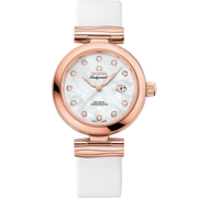 Quadrante argentato a onde con indici in oro rosa 18K e lancette smussate dell’Omega De Ville Ladymatic Co-Axial Chronometer 34 mm